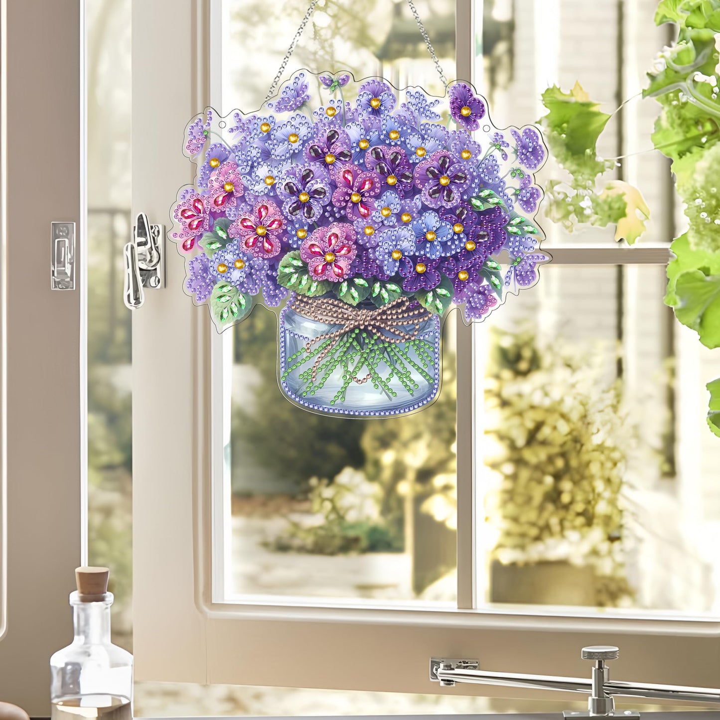 DIY Hanging Diamond Art Kit for Adult – 5D Gem Art Window & Wall Pendant, Acrylic Diamond Painting Ornament for Home & Garden Decoration (Flower)