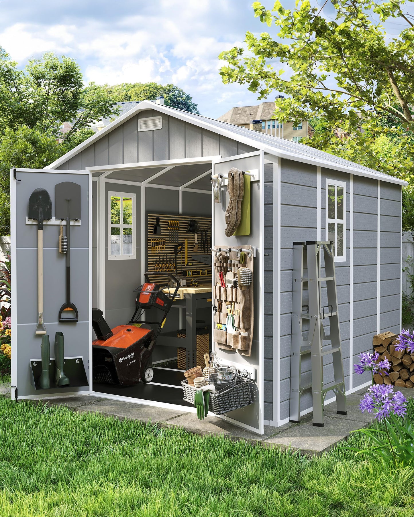 Amopatio 8x8 FT Resin Storage Shed, Outdoor Shed with Floor Included, Plastic Storage Sheds for Bike, Garden Tools, Sheds & Outdoor Storage with Lockable Door, Window & Vents, Grey & White