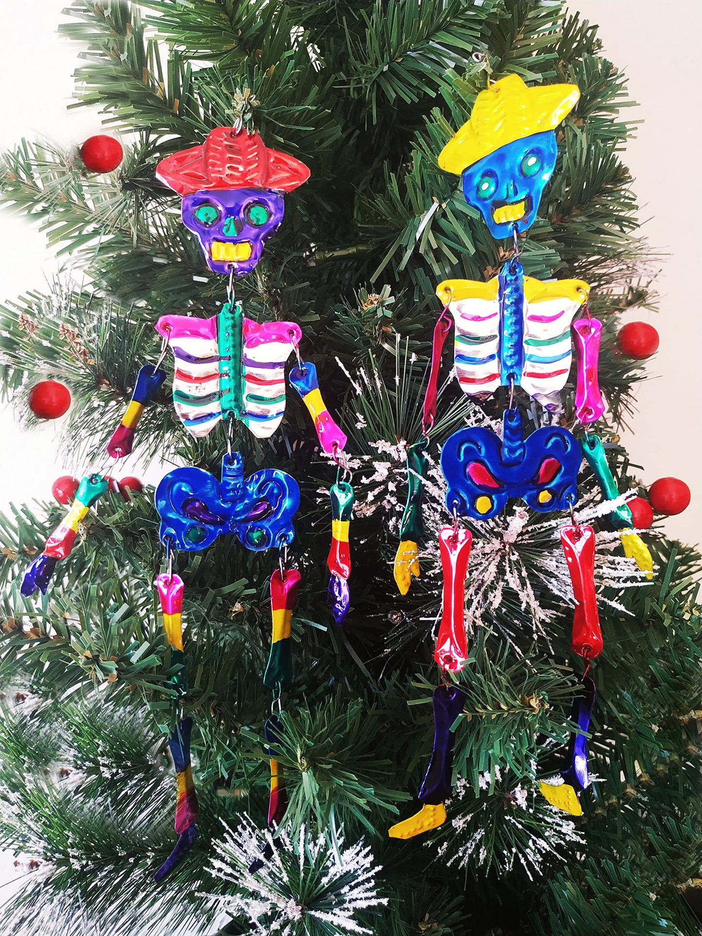Mexican Tin Ornaments - Day of The Dead Decorations, Two Skeletons, Christmas Decor, Dia de Muertos, Sugar Skull for Tree, Calaveras de Azucar