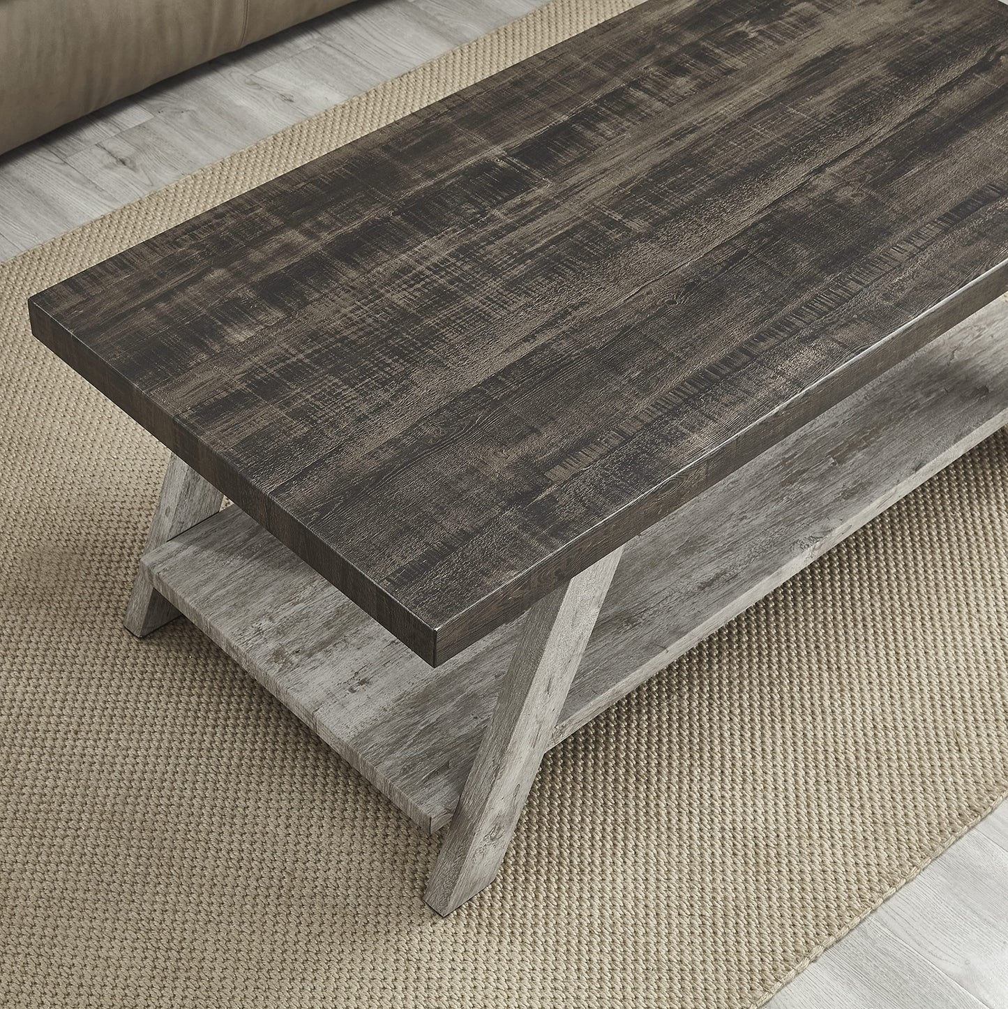 Roundhill Furniture Athens Contemporary 3-Piece Wood Shelf Coffee Table Set, Weathered Walnut and Gray