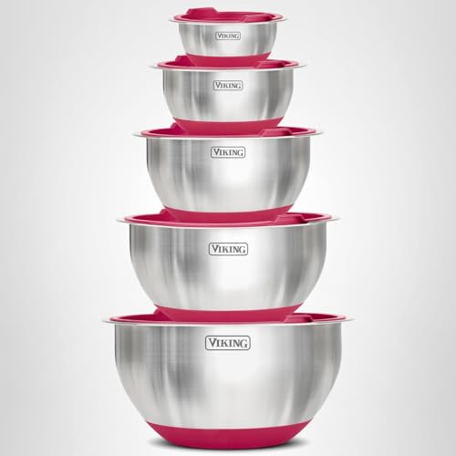 Viking Mixing Bowls Set, 10 Piece Stainless Steel Kitchen Cookware, Non-Slip Silicone Base, Includes Tight Fit Lids, Dishwasher Safe, Red