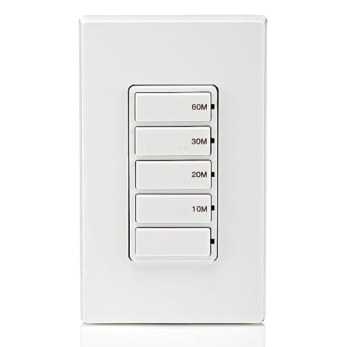 Leviton Countdown Timer Switch for bathroom fan and household lights, 5-10-15-30 min, No Neutral Required, Single Pole, 15A, 1/2 HP/9.8A Fan/Motor, DT130-1LW, White