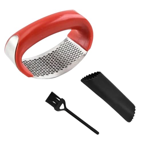 Angel's Peel Lounge Stainless Steel Garlic Press Rocker Set with Silicone Garlic Peeler & Cleaning Brush – Garlic Chopper, Mincer, Grater, Crusher – Easy for Crushed Cloves – Rust-Resistant, Red