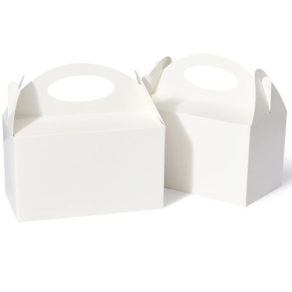 Happyhiram 50 Pcs Party Treat Boxes - White, 6 Inch Candy Boxes with Handle - Paper Cookie Gift & Snack Goodie Bags for Kids Birthday, Baby Shower, Wedding