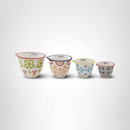 Creative Co-Op Floral Hand Stamped Stoneware Measuring Cups (Set of 4 Sizes/Designs)