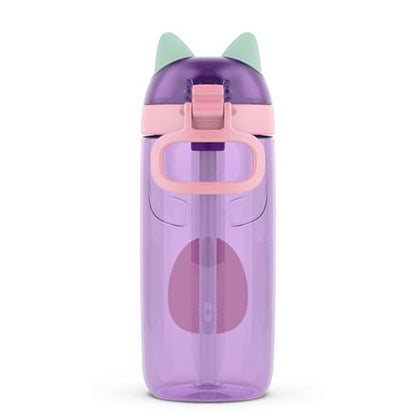 Ello Ellies 16oz Plastic Kids Water Bottle with Straw and Built-in Carrying Handle and Leak-Proof Locking Lid for School backpack, Lunchbox and Outdoor Sports, Cat