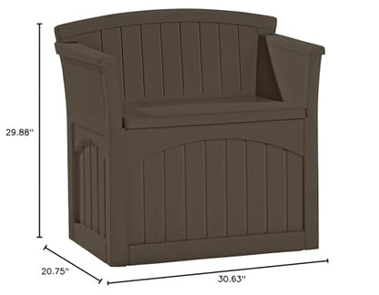 Suncast 31 Gallon Outdoor Backyard Garden Patio Seat Storage and Bench Chair with Arm Rest, Java