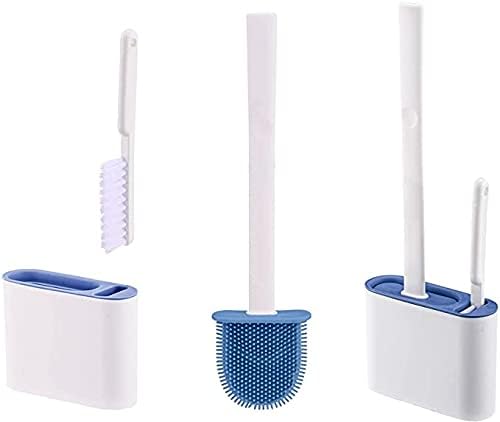 Toilet Brush and Holder, Double Brush Combination with Silicone Toilet Bowl Brush, Flat Flexible Bristles for Deep