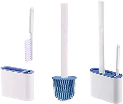 Toilet Brush and Holder, Double Brush Combination with Silicone Toilet Bowl Brush, Flat Flexible Bristles for Deep