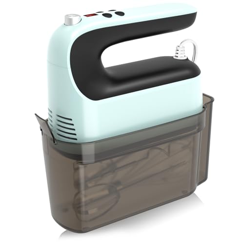 Yomelo 9-Speed Digital Hand Mixer Electric, 400W Powerful DC Motor, Hand Mixer Electric Handheld with Snap-On Storage Case, 5 Stainless Steel Accessories, Beaters, Dough Hooks, Whisk(Ice Blue/Black)