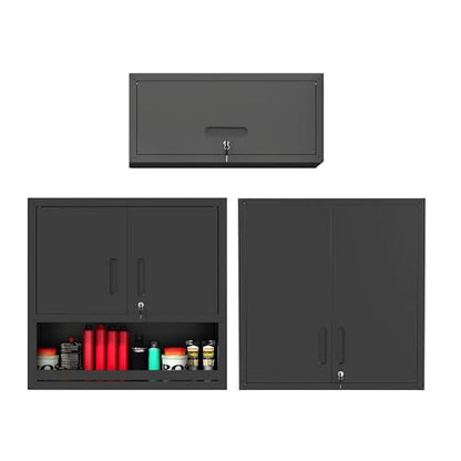 3-Pack Garage Tool Cabinet,Heavy Duty Steel Garage Storage System with Lockable Doors & Adjustable Shelves,Wall Mount Tool Cabinet Set for Workshop Organization,Black