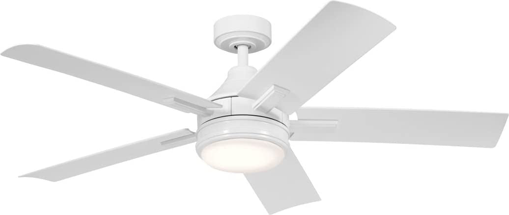 Kichler 52 Inch Tide 5 Blade LED Weather+ Outdoor Ceiling Fan with Etched Cased Opal Glass in White with White Blades and Remote Control
