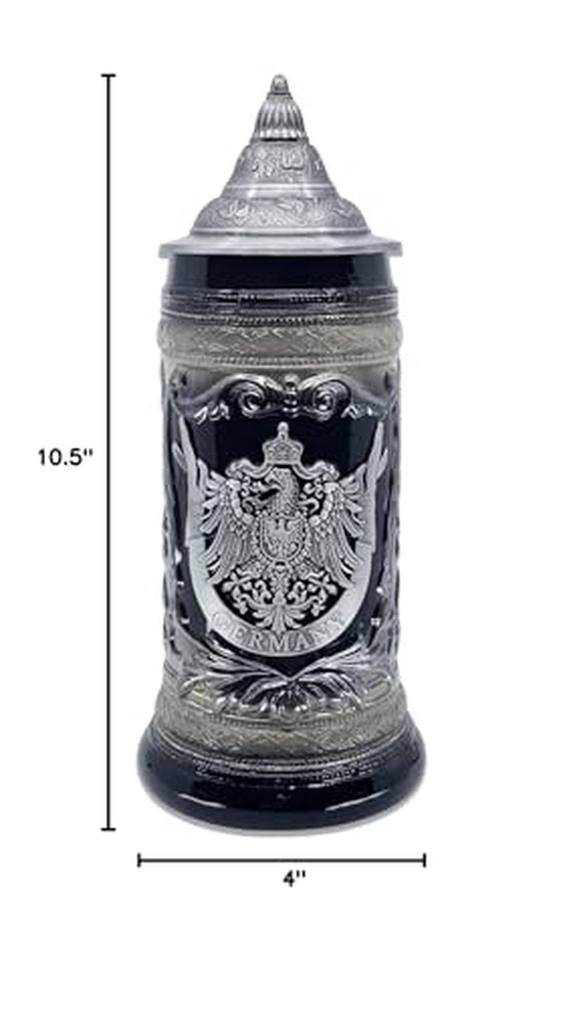 OktoberfestHaus German Adler (Eagle) Stein Mug With Lid - 1 Liter Charcoal Black Ceramic Beer Stein With Metal Emblem - Collectible Bier Krug for Men, Beer Lovers Gift