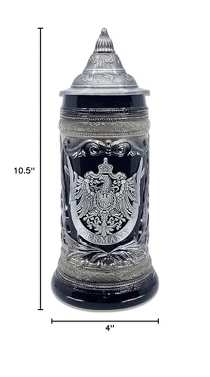 OktoberfestHaus German Adler (Eagle) Stein Mug With Lid - 1 Liter Charcoal Black Ceramic Beer Stein With Metal Emblem - Collectible Bier Krug for Men, Beer Lovers Gift