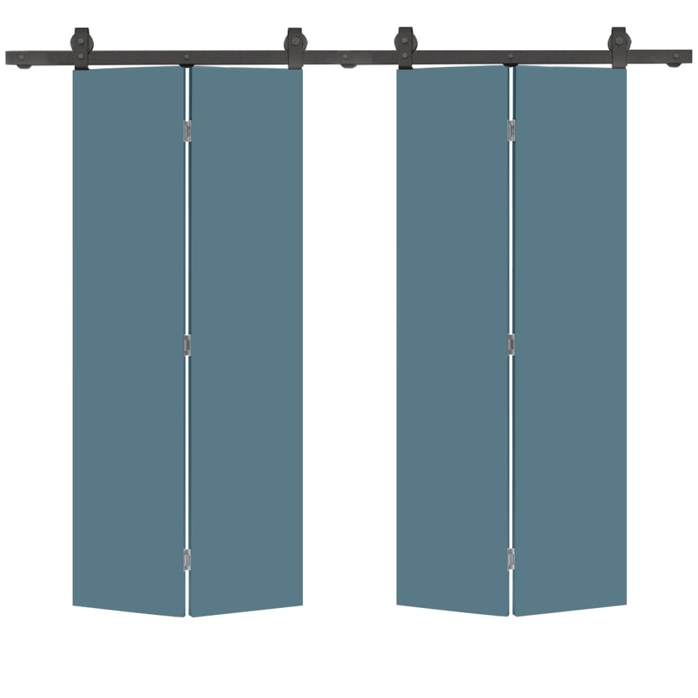 48 in. x 80 in. Dignity Blue Smooth Flush Hardboard Hollow Core Composite Double Bi-Fold Barn Door with Sliding Hardware Kit