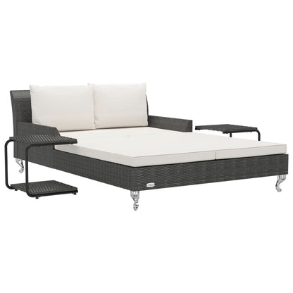 HGKMBRY 2 Person Sun Lounger with Cushions, Garden Sun Bed for Two in Black Rattan with Cream White Cushions for Patio and Outdoor Relaxation