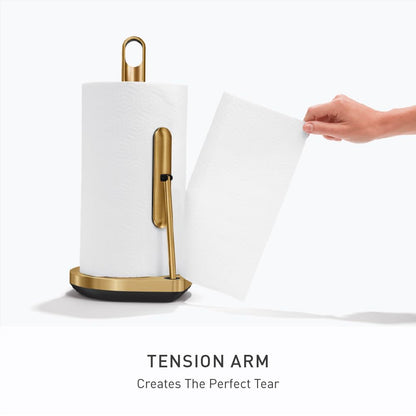 simplehuman Tension Arm Standing Paper Towel Holder, Heavy-Duty, Easy One-Handed Tear, Kitchen Countertop, Brass Stainless Steel