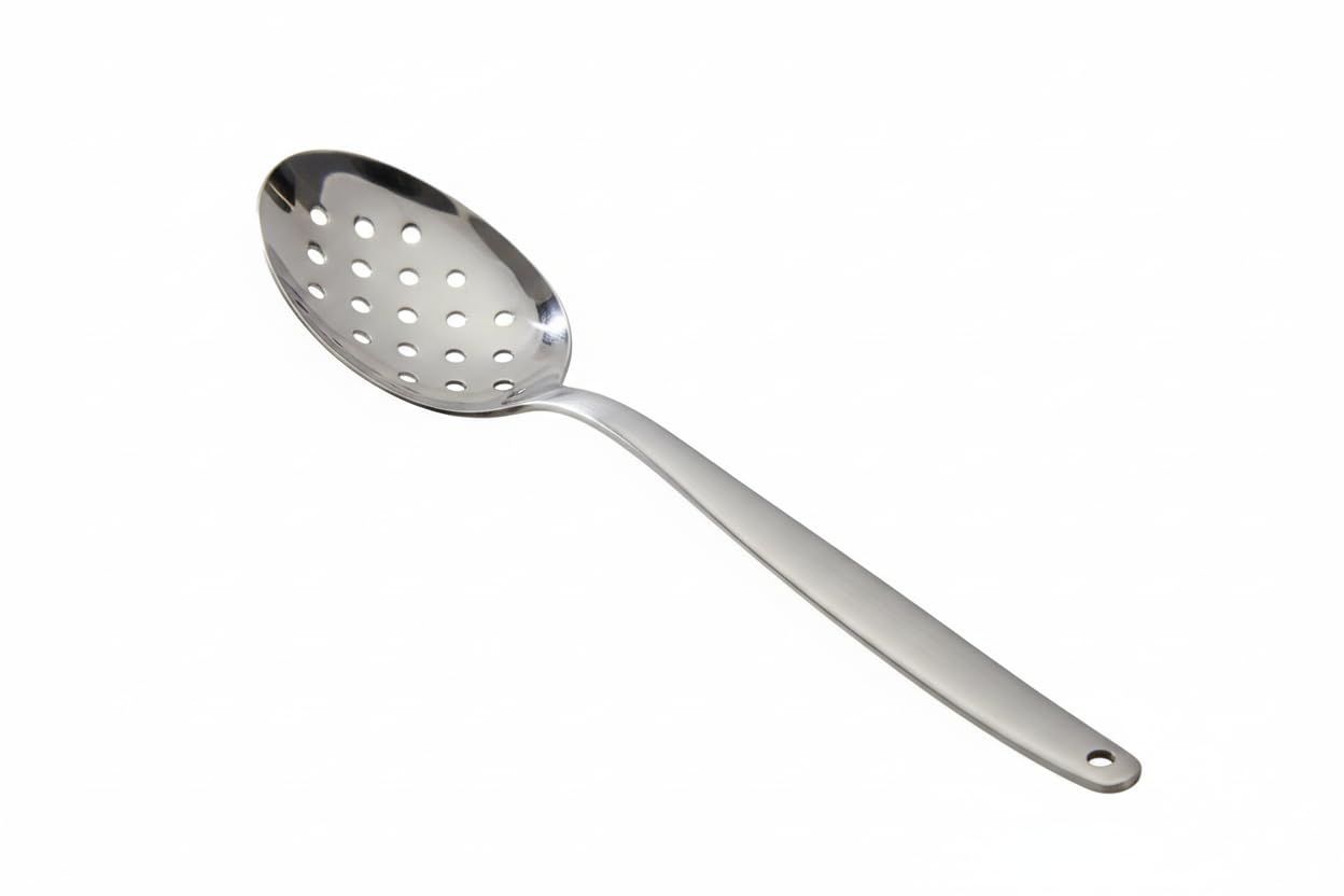 BNAZIND 8 Inch Kunz Spoon Perforated - Small | 18/10 Stainless Steel Silver Chef Spoon for Draining, Plating & Serving & Professional Kitchen Use, Dishwasher Safe