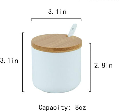 Simple Pure Color Ceramic Spice Jar, Seasoning Box with Bamboo Lid and Spoon