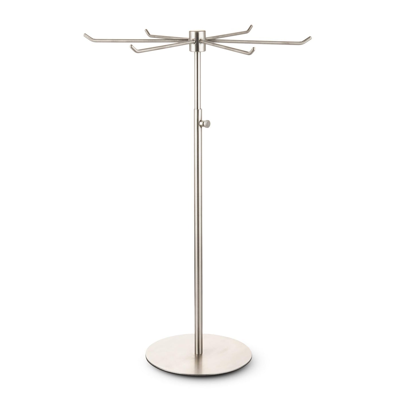 bjewego Rotating Keychain Display Stand - Height-adjustable Brushed Silver Metal Jewelry Organizer - Long Necklace Display Stand with 6 Hook - Scratch-resistant Display Racks for Craft Shows