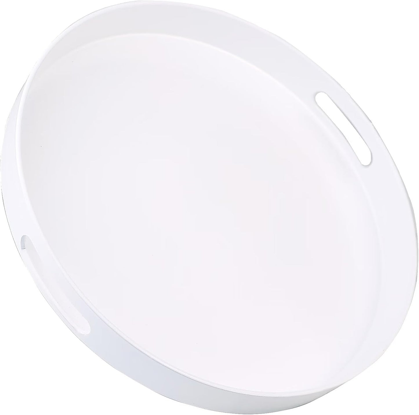 13 Round White Decorative Serving Tray with Handles, Versatile Ottoman Tray for Coffee Table, Entertaining, Outdoor