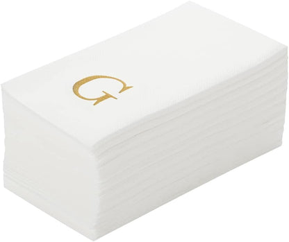 15.8 7.9 Inch 50 Luxenap X Linen-Feel Guest Towels, Lettered Hand Towels - Gold Letter 'G', Sans Serif Font, White