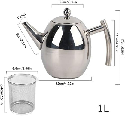 Coffee Tea Pot - Stainless Steel Teapot with Filter, Large Capacity Polished Kettle for Home, Hotel, Cafe (1000ML)