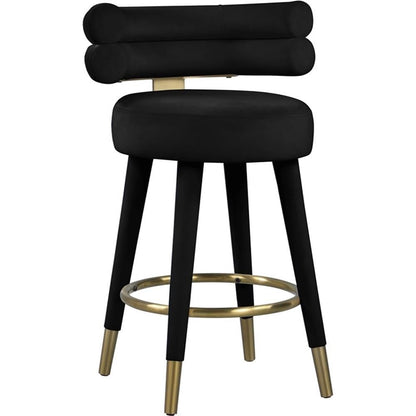 Meridian Furniture 798Black-C Fitzroy Collection Modern | Contemporary Velvet Upholstered Counter Stool with Deep Channel Tufted Back and Gold Metal Capped Legs, Black, 25" W x 21" D x 35" H, Set of 2