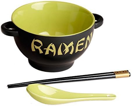 World Market Japanese Ceramic Ramen Bowl Set - 4-pc Green Rooster Noodle Bowl with Soup Spoon & Chopstick, 17 Ounce