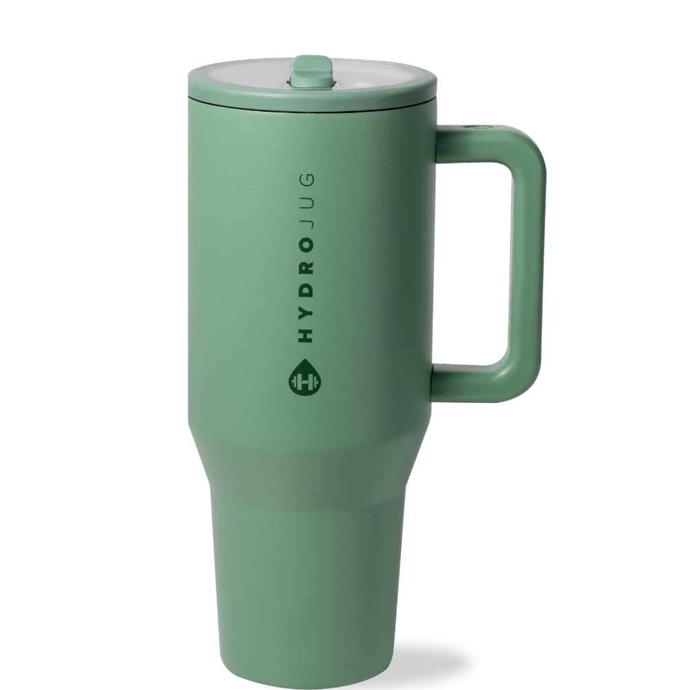 HydroJug Traveler - 32 oz Water Bottle with Handle & Flip Straw - Fits in Cup Holder, Leak Resistant Tumbler-Reusable Insulated Stainless Steel & Rubber Base - Gifts for Women & Men, Sage