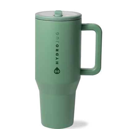 HydroJug Traveler - 32 oz Water Bottle with Handle & Flip Straw - Fits in Cup Holder, Leak Resistant Tumbler-Reusable Insulated Stainless Steel & Rubber Base - Gifts for Women & Men, Sage