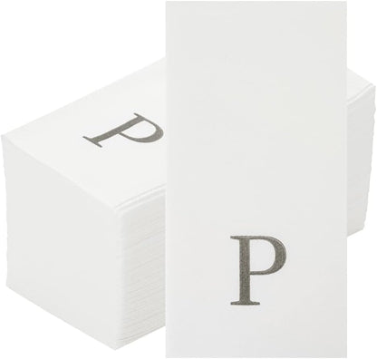 15.8 7.9 Inch 50 Luxenap X Linen-Feel Guest Towels, Lettered Hand Towels - Silver Letter 'P', Sans Serif Font, White