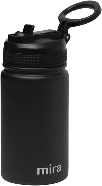 MIRA 12 oz Small Insulated Water Bottle, Leak-Proof Stainless Steel with Straw Lid for Travel, Gym - Black