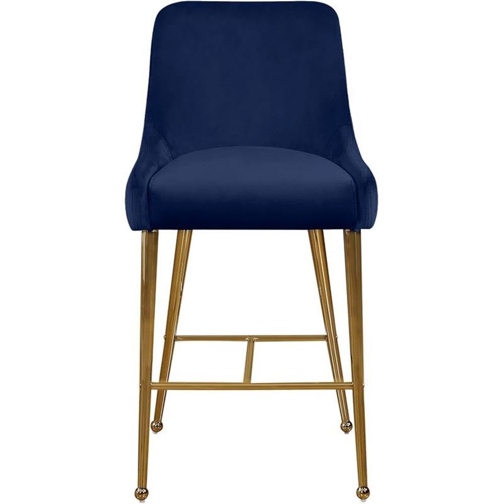 Meridian Furniture Owen Collection Modern | Contemporary Velvet Upholstered Counter Stool with Polished Gold Metal Legs, Set of 2, 23" W x 21" D x 40" H, Navy