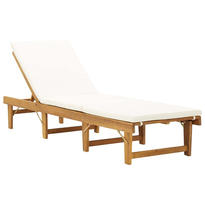 Yisssmeng Folding Sun Lounger with Cushion, Adjustable Solid Acacia Wood Reclining Lounge Chair for Patio Garden and Poolside, Outdoor Wooden Daybed with Removable Cover, Natural and Beige
