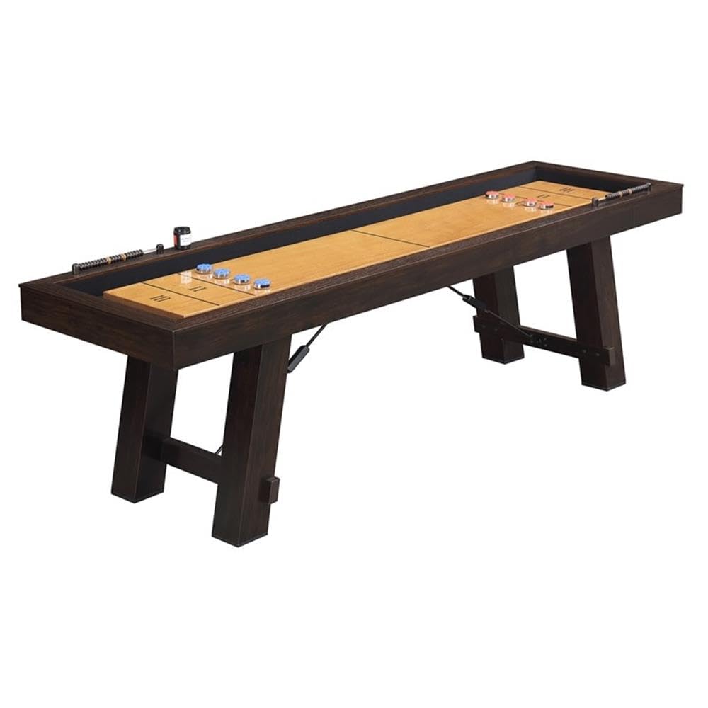 Bowery Hill Shuffleboard Table, Brown Finish, Spruce Veneer with Solid Wood Legs, Transitional Style, Includes Game Pucks, Brush, Wax, Scorers, Perfect for Game Room Entertainment