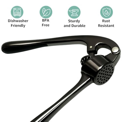 Garlic Press Crusher & Mincer – Easy Squeeze Ergonomic Handle, Heavy Duty Zinc Alloy, Dishwasher Safe, Includes Peeler & Cleaning Brush – Garlic Ginger Crusher Tool (Black)