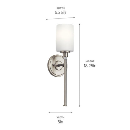 Kichler Joelson 18.25" 1 Light Wall Sconce with Satin Etched Cased Opal and Clear Glass Accent Glass in Brushed Nickel