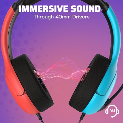 PDP Gaming LVL40 Airlite Stereo Headset for Nintendo Switch/Lite/OLED - Wired Power Noise Cancelling Microphone, Lightweight Soft Comfort On Ear Headphones (Mario Neon - Red & Blue)