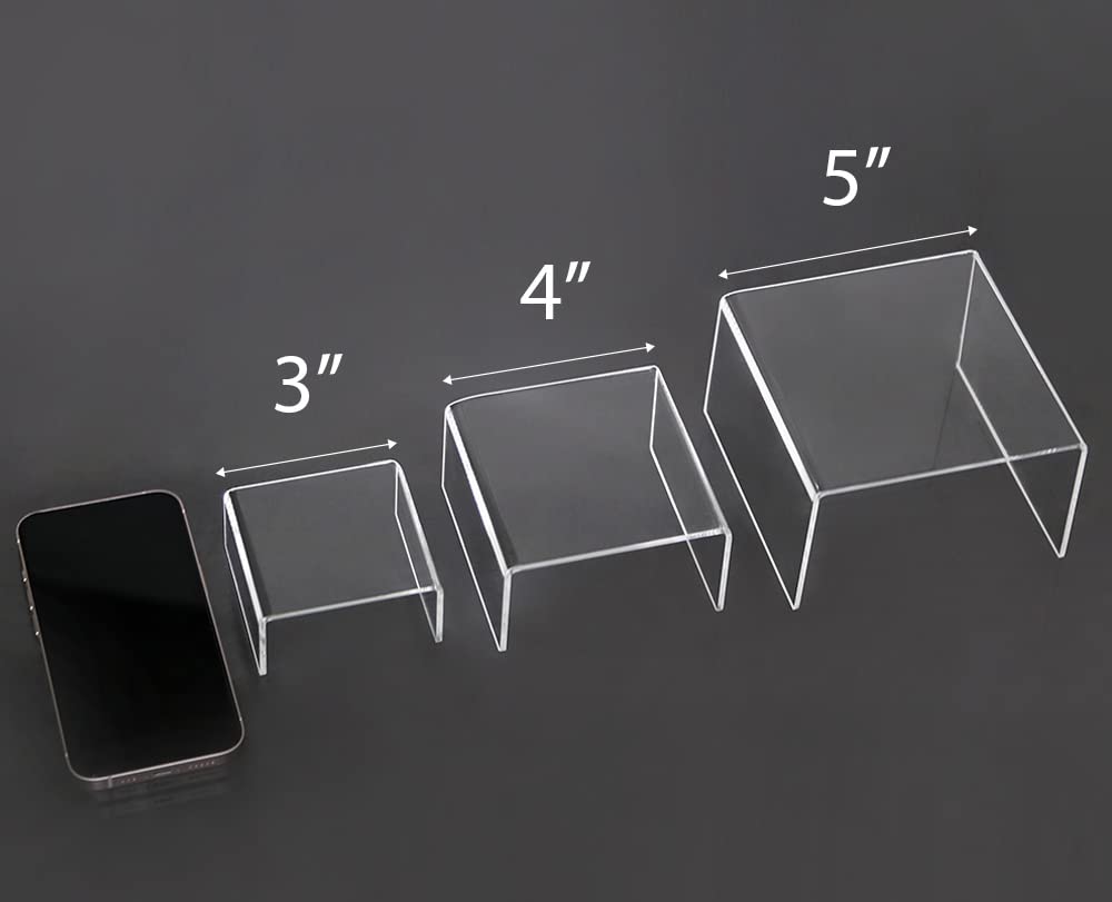Jusalpha 6 -Piece Strong Clear Acrylic Rectangular Riser for Retail, Shelf Showcase Fixtures for Jewelry, Display Stand for Amiibo Funko POP Figures, Cupcakes, Food Display 5'' 4'' 3''(2)…