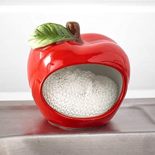 Red Apple Dish Sponge Holder by Home Essentials & Beyond, Kitchen Sponge Caddy with Nylon Non-Scratch Scrubber