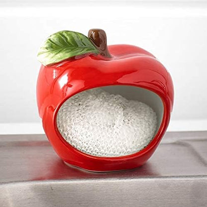 Red Apple Dish Sponge Holder by Home Essentials & Beyond, Kitchen Sponge Caddy with Nylon Non-Scratch Scrubber