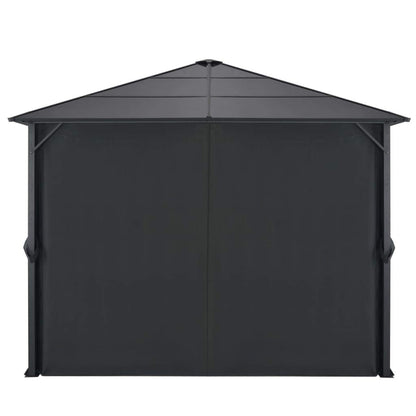 hliofuir 9.8'x9.8' Outdoor Gazebo with Curtains Black Aluminum Hardtop Pavilion with PC Board Roof for Patio Backyard Garden BBQ and Family Gatherings Sturdy Metal Frame