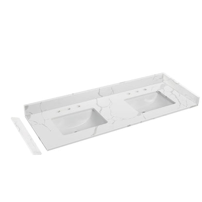 EQLOO 60 in.W x 22 in.D Quartz Calacatta River Vanity Top,with Undermount Double Sink Vanity Top,with Two Sidesplash & One Backsplash,8 Inch Faucet Hole Spread Bathroom Vanity Sink Countertop