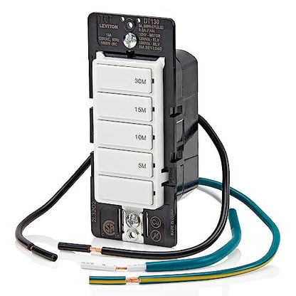 Leviton Countdown Timer Switch for bathroom fan and household lights, 5-10-15-30 min, No Neutral Required, Single Pole, 15A, 1/2 HP/9.8A Fan/Motor, DT130-1LW, White