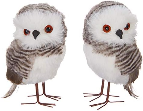 Raz Set of Two Assorted Furry Owls, Brown and White
