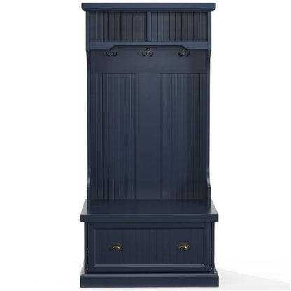 Bowery Hill Coastal Wood Hall Tree, Navy Finish, 64.25"H x 31.5"W x 15.75"D, Bead Board Design, 3 Double Hooks, Drop-Down Cabinet Door, Storage Shelves, Versatile Entryway Bench for Foyer or Mudroom