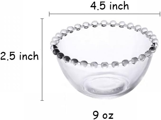Sizikato 2pcs Clear Glass Dessert Bowl, 4.5-Inch Beaded Edges Fruit Bowl, Salad Bowl