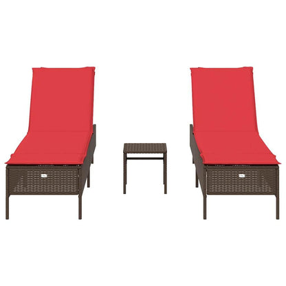 Yisssmeng 3-Piece Patio Sun Lounger Set with Red Cushions, Brown Poly Rattan Outdoor Chaise Lounge Chairs for Garden, Poolside and Terrace, Adjustable Backrest, 2 Pack, Steel Frame