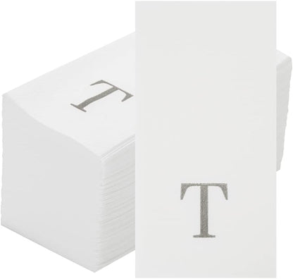 15.8 7.9 Inch 50 Luxenap X Linen-Feel Guest Towels, Lettered Hand Towels - Silver Letter 'T', Sans Serif Font, White